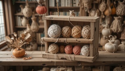 Rustic Wooden Shelf with Colorful Yarn Balls and Miniature Mouse Figurine in Cozy Autumnal Setting