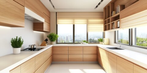 A modern kitchen interior featuring wooden cabinetry and bright natural light