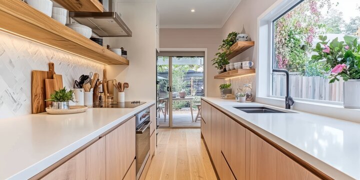 Contemporary kitchen design showcasing natural wood and open shelving