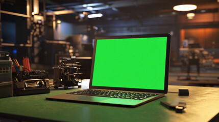  laptop with green screen on desk modern furniture decoration, indoor scene, interior scene, natural daylight warm sun rays day lighting remote work 3d rendering in office composition