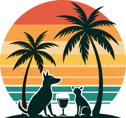 Retro Sunset Beach Palm Trees with Funny Dog with Wine Glass Silhouette Vector