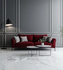 Modern living room with maroon sofa, minimalist coffee tables, and grey walls on polished marble floor.