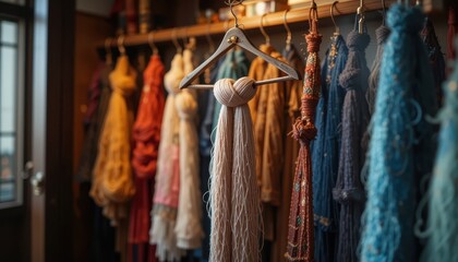 Soft Yarn and Colorful Scarves Hanging on Wooden Hanger in a Closet