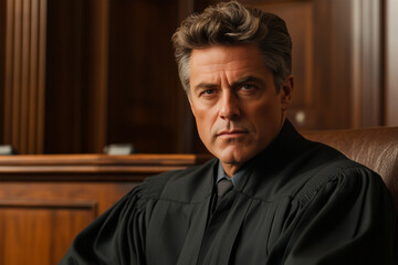 Fototapeta premium Judge in a courtroom during a legal proceeding with a serious expression and a focused demeanor