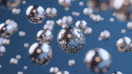 Floating metallic spheres with reflective surfaces create futuristic and abstract scene. spheres appear to be suspended mid air against blue background, showcasing sense of innovation and