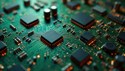 Obraz premium Green circuit board closeup with microchips. Motherboard with electronic components, conductors, transistors, resistors, capacitors. Computer hardware detail. Tech background for innovation, digital,
