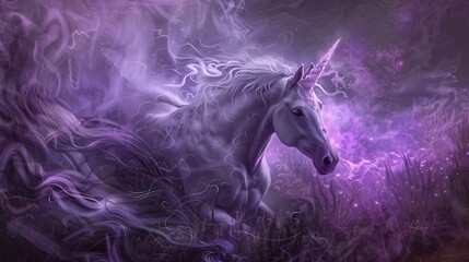 Fototapeta premium an abstract depiction of a secretive unicorn, its horn radiating soft purple light, surrounded by swirling shadows in a fairytale meadow, enigmatic an