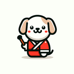 Dog wearing a red kimono and holding a stick.