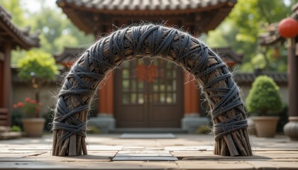 Obraz premium Rustic Wooden Archway Entrance to Asian Garden Peaceful Scene