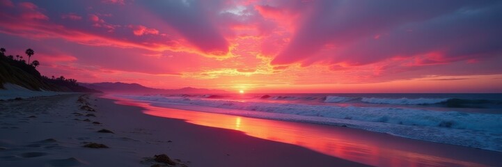 Fototapeta premium Fiery hues paint the sky above a sandy Southern California beach at dusk , travel, orange, golden hour