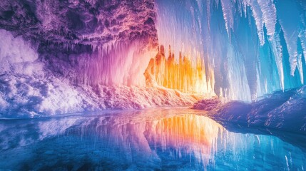 Glowing icicles and sparkling frost adorn this intimate ice cave, showcasing intricate crystalline patterns in vibrant shades of blue and white under soft light