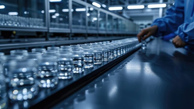 A production line processing many small glass bottles in a facility