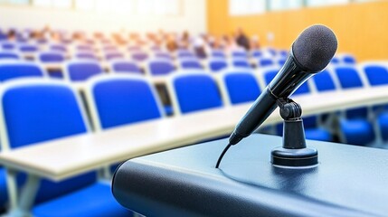 Black Microphone on Dark Lectern in a Conference Room