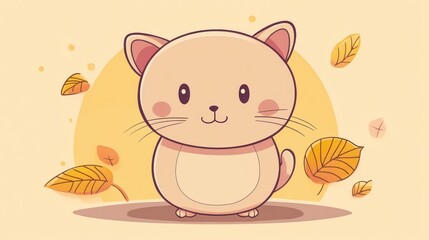A cute cartoon cat is surrounded by falling autumn leaves