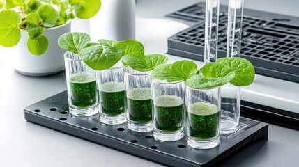 Centella asiatica leaves are placed alongside glass beakers filled with green liquid in a clean, sophisticated laboratory setting