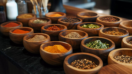 Fototapeta premium Wooden bowls with various spices and ingredients