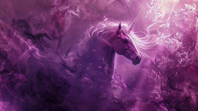 an abstract depiction of a secretive unicorn, its horn radiating soft purple light, surrounded by swirling shadows in a fairytale meadow, enigmatic an