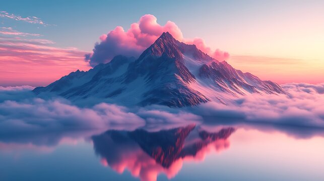 A dreamy vista with soft pink bubble clouds rolling over a smooth mountain beneath a calm clear sky