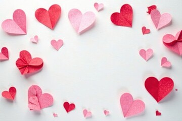 Fototapeta premium Scattered paper hearts, white background, Valentine's Day , romance, background
