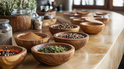 Fototapeta premium Wooden bowls with various spices and ingredients