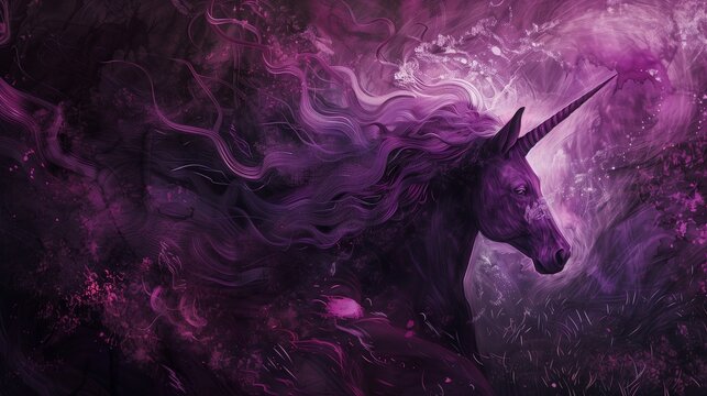 an abstract depiction of a secretive unicorn, its horn radiating soft purple light, surrounded by swirling shadows in a fairytale meadow, enigmatic an