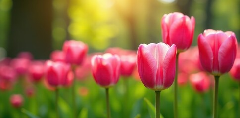 Fototapeta premium Pink tulips blooming, vibrant spring scene in park garden , flora, tulips, peaceful