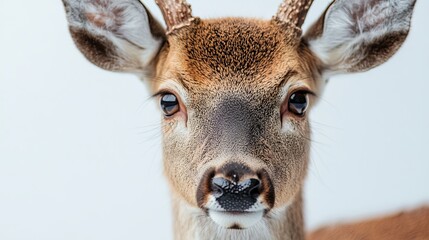 Fototapeta premium Close Up Young Fawn Deer Portrait Wildlife Nature Animal Photography Image Beautiful Brown Fur Detailed Eyes Antlers White Background Majestic 