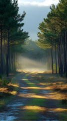 Fototapeta premium Sunlit Path Through Pine Forest