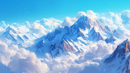 Obraz premium A majestic snow-capped mountain range soaring above the landscape with breathtaking views of snow-covered peaks and rugged terrain. AI generative