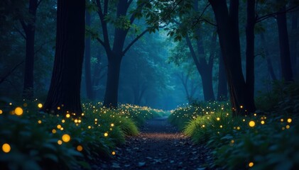 Obraz premium Fireflies twinkle, illuminating a tranquil forest path Dark, lush foliage, calm night , stars, moonlight