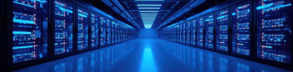 Vast server hall, futuristic design, vibrant blue lighting, server room, servers, information