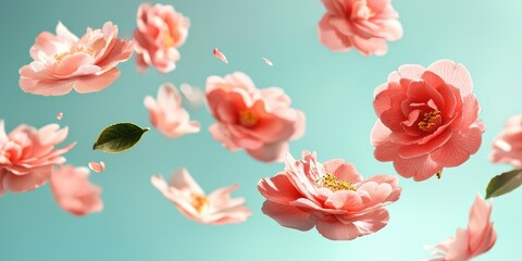 Floating camellia flowers with pink petals on a soft teal background