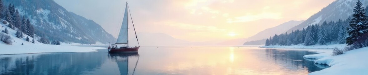 Obraz premium Snow-covered sailboat on frozen lake in morning light, isolated, sailing boat