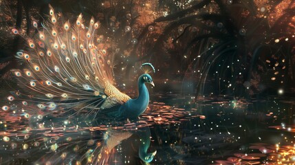 an abstract peacock wandering a fairytale garden, feathers of silver and coral merging with a glowing pond, mysterious fairy shadows in the distance,
