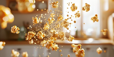 Floating caramel popcorn with a golden glaze on a blurred kitchen background