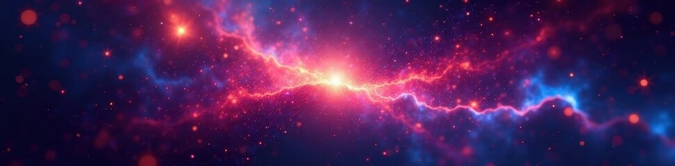 Naklejka premium Abstract cosmic nebula; radiating vibrant light streaks, dark backdrop, artwork, shine, universe