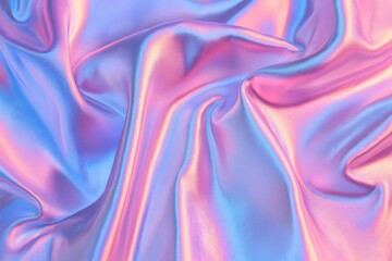 Obraz premium Holographic iridescent pastel pink and blue silk satin fabric creating a mesmerizing abstract background with soft folds and elegant texture