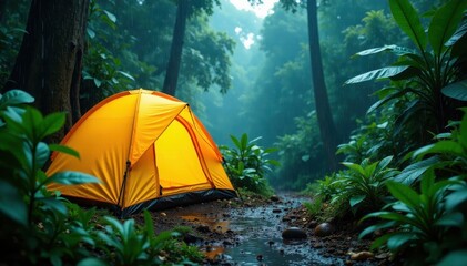 Bright yellow tent shelters amidst heavy downpour, vibrant rainforest plants, dark, wet, mist