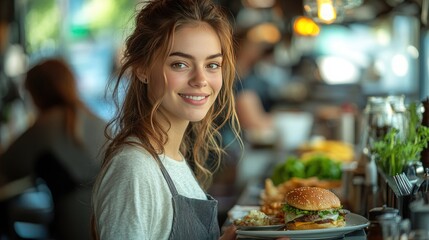 A smiling waitress with red hair in a green shirt and apron places a cup of coffee on a small saucer in front of a seated customer.