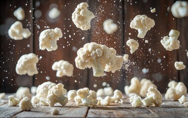 Floating cauliflower florets on a blurred rustic wooden table background
