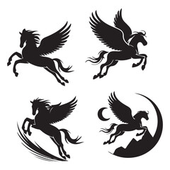Pegasus Icon Black and white vector silhouettes set of horse flying Pegasus flying horse silhouette