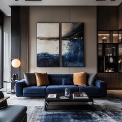 Modern living room with navy blue sofa, abstract art, and minimalist decor.