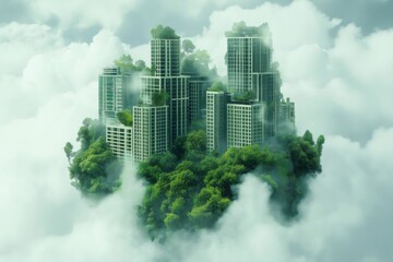 Fototapeta premium Lush green trees and modern buildings harmoniously coexist on a floating island, showcasing sustainable urban development and ecological balance