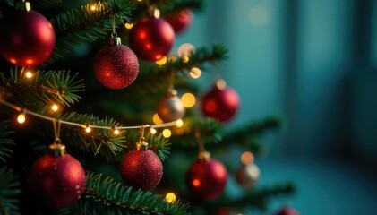 Obraz premium Sparkling ornaments and lights adorn a festive Christmas tree, garland, colorful balls, festive atmosphere