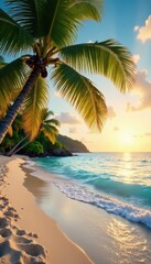 Obraz premium Palm fronds sway, soft sand meets turquoise water at dawn, nature, sea