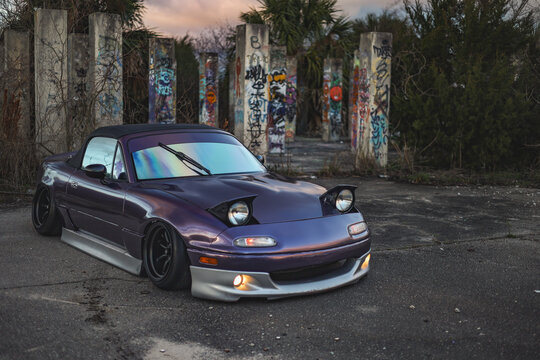 purple Mazda miata in savannah, Georgia, Feb. 4, 2024