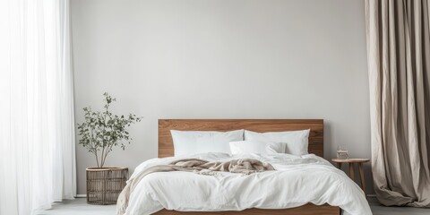 A modern bedroom with a wooden bed and soft textures