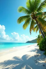 Sun-drenched palms, pristine beach, turquoise ocean , getaway, tropical island, bright