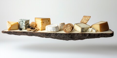Floating cheese platter with a variety of cheeses and crackers on a soft white background