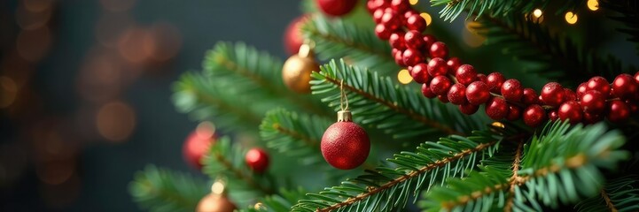 Tree's branches are wrapped with a colorful garland, Christmas tree decor, seasonal decorations, autumnal elements